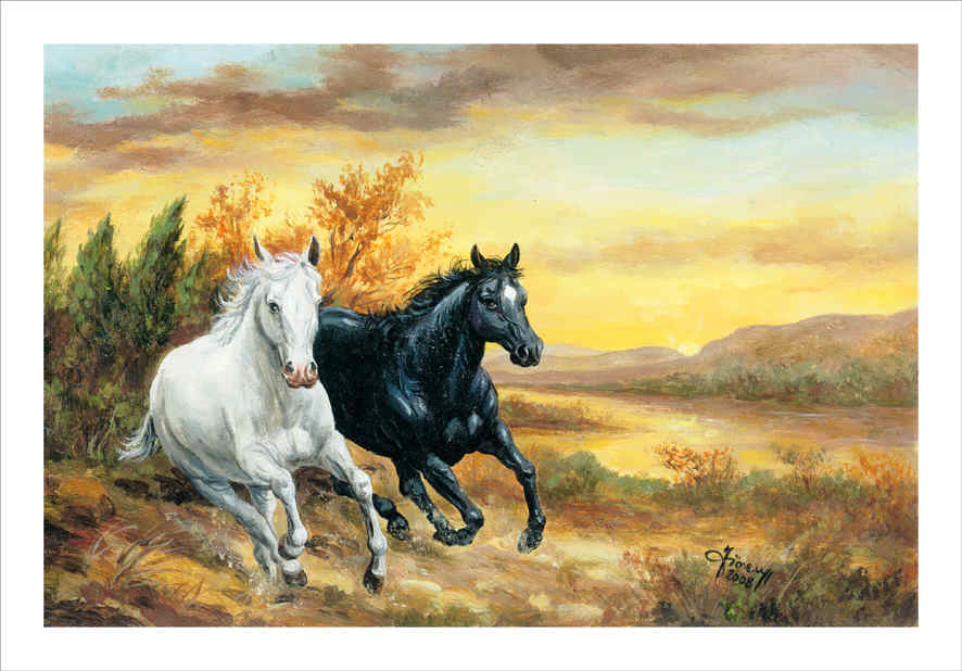 Cavalli al galoppo in una alba luminosa 